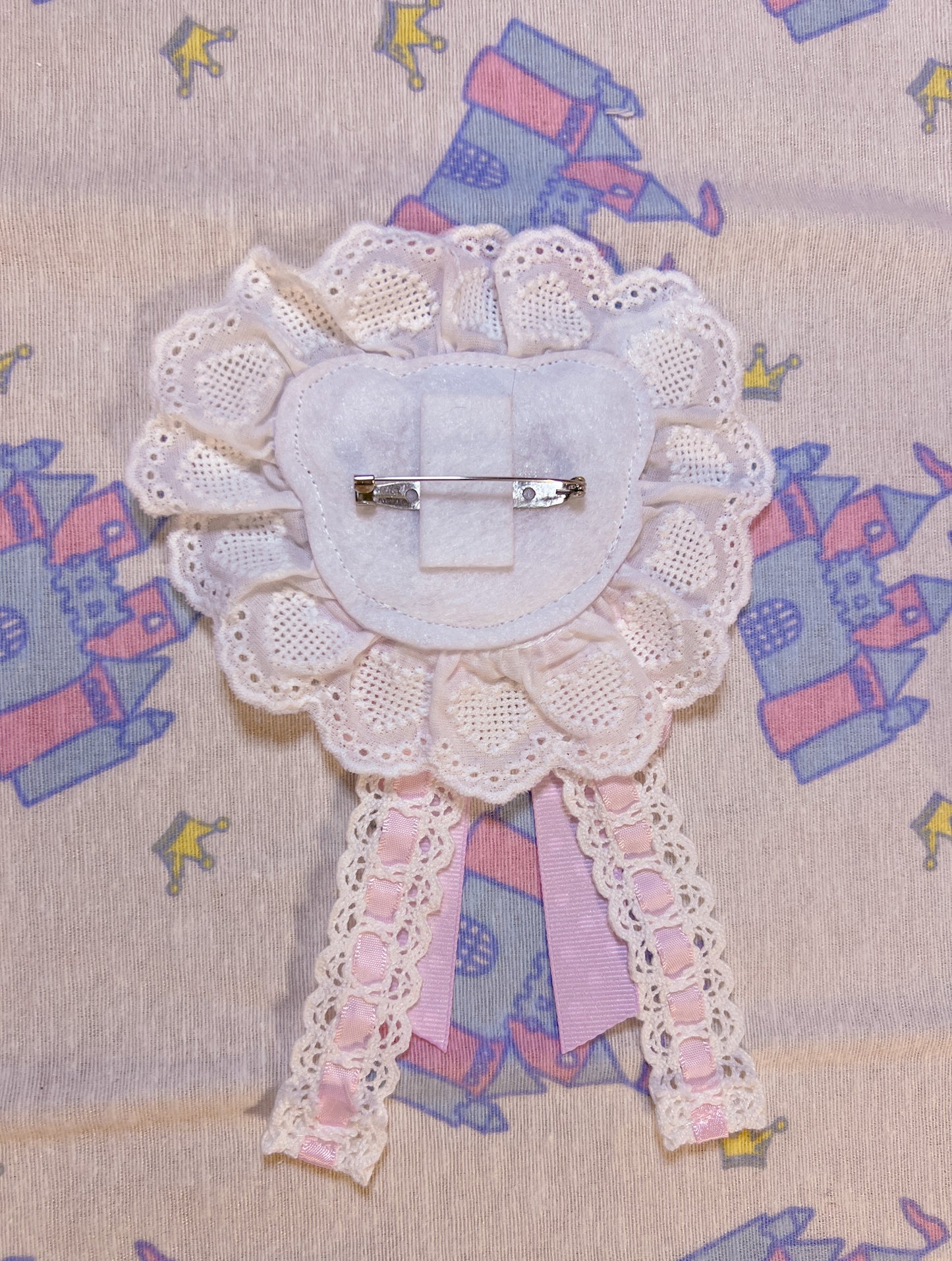 Pink Little Bear Brooch - White Heart Lace