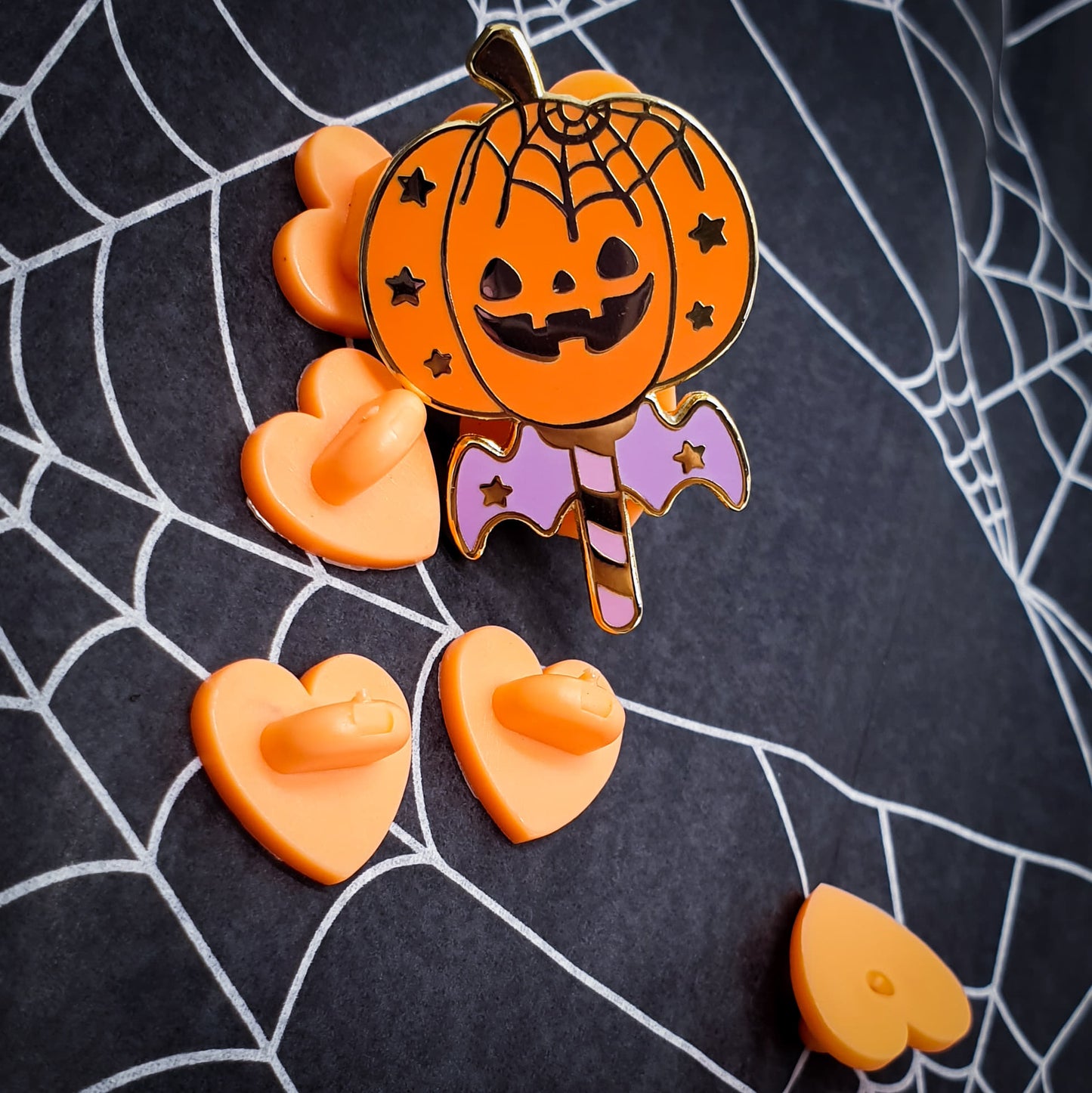 Orange Heart Shape Rubber Pin Backs 4pc.