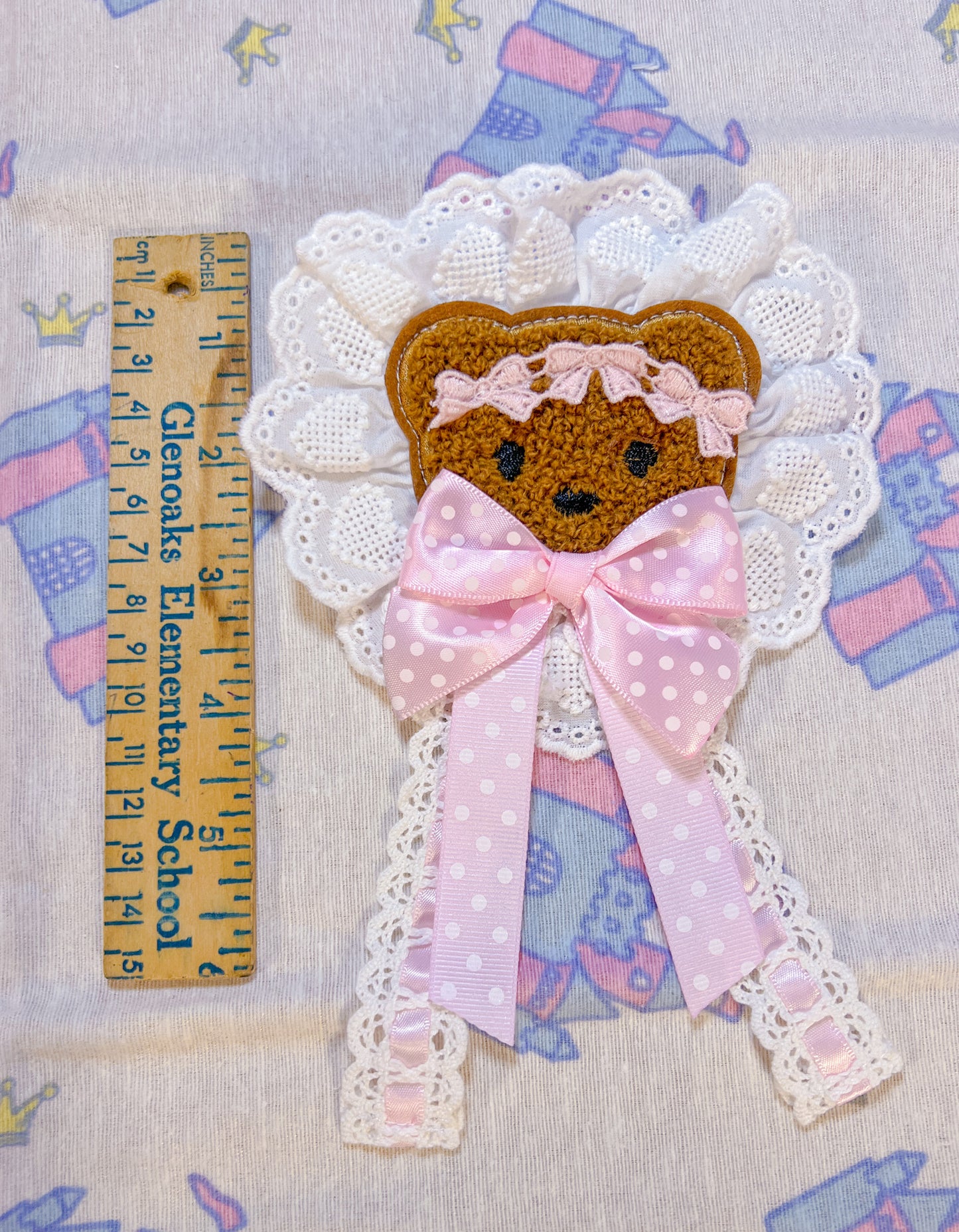 Pink Little Bear Brooch - White Heart Lace