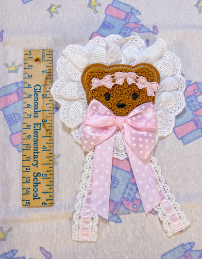Pink Little Bear Brooch - White Heart Lace
